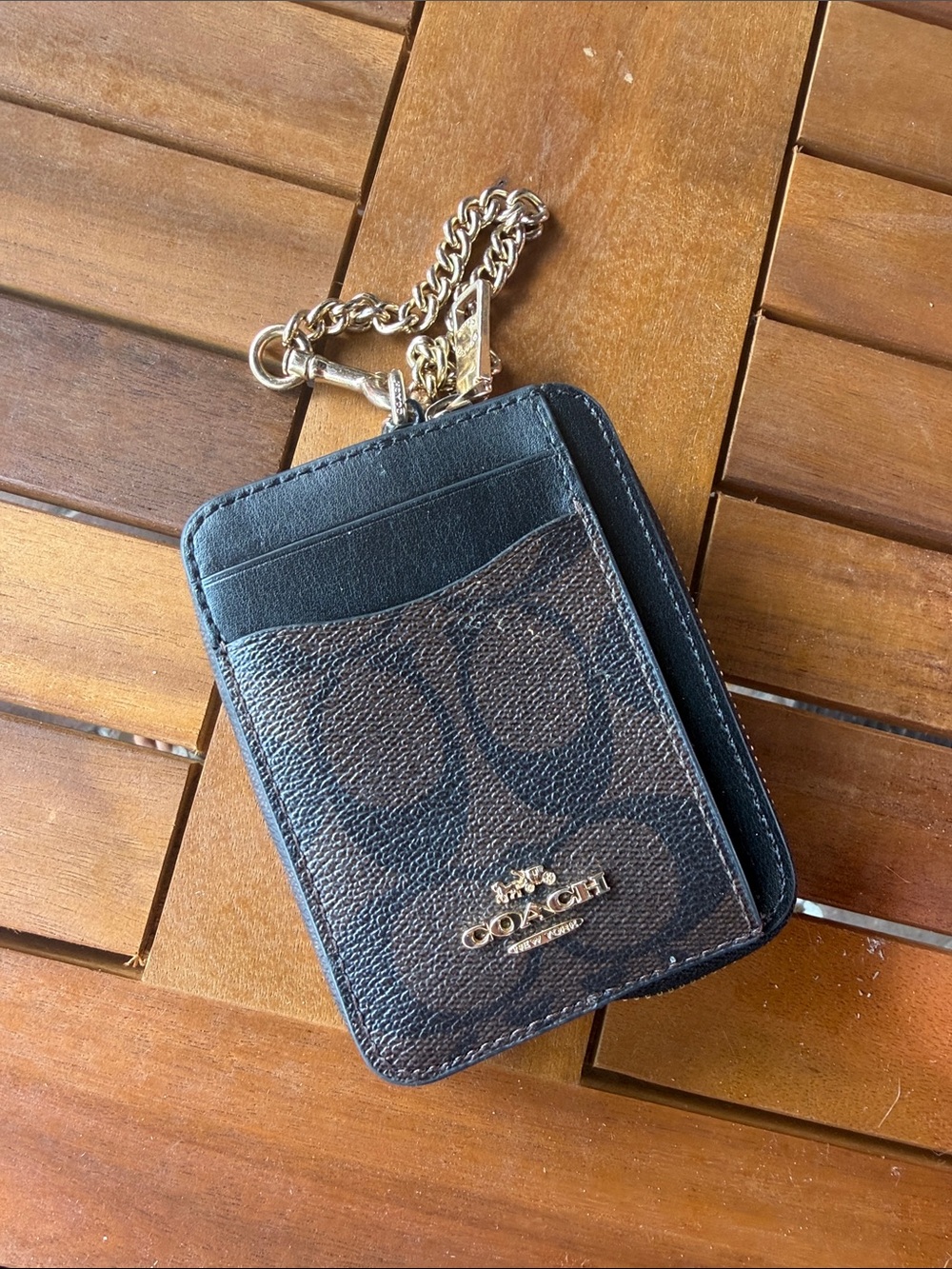 Coach Black/Brown Signature Card Holder with Chain